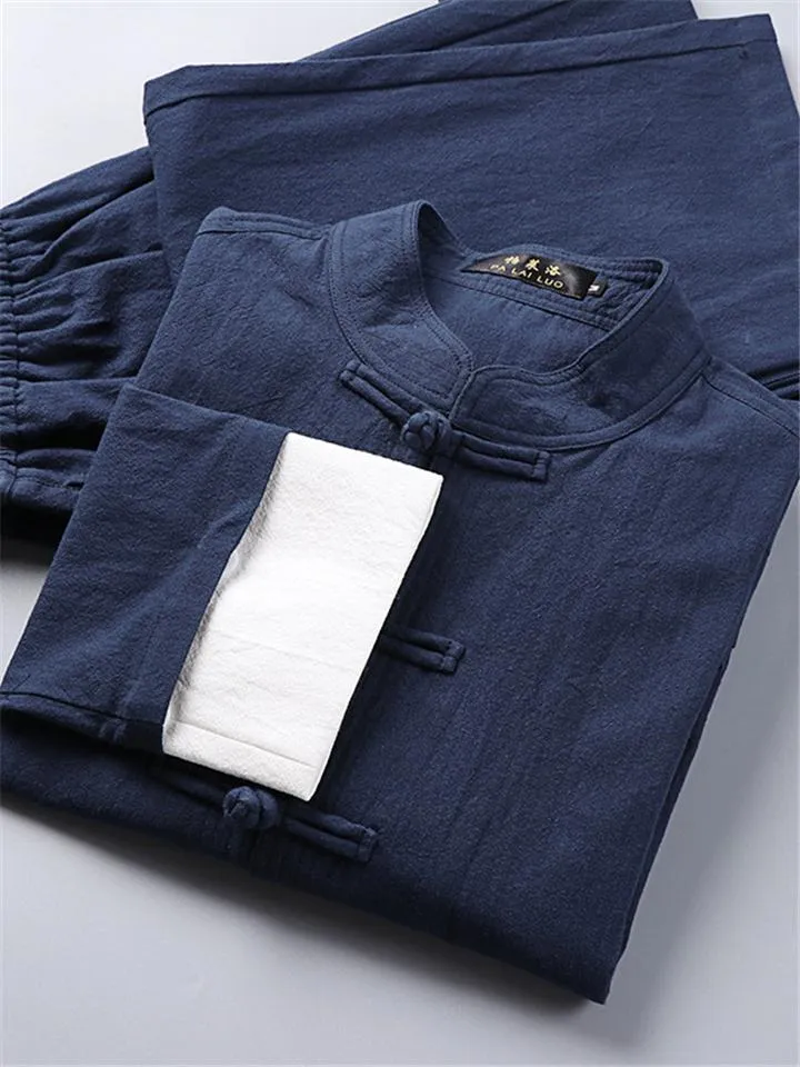 Relaxed Fit 2-Piece Outfit Retro Button Collar Shirt   Elastic Waistband Full-Length Pants