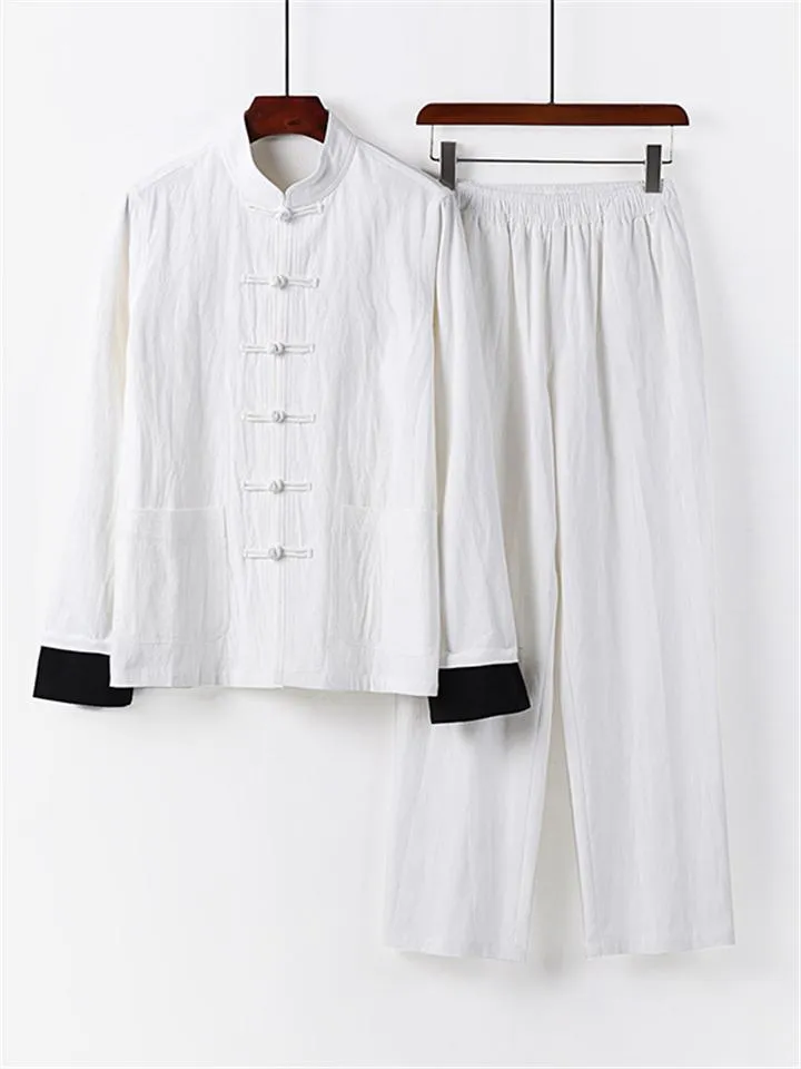 Relaxed Fit 2-Piece Outfit Retro Button Collar Shirt   Elastic Waistband Full-Length Pants