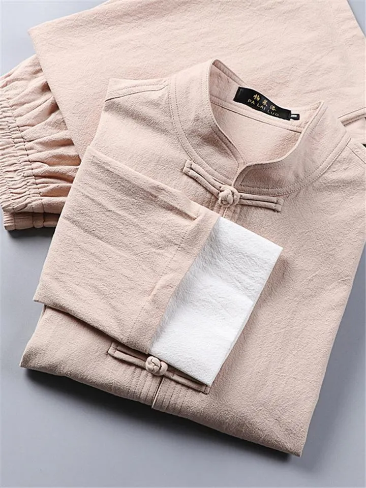 Relaxed Fit 2-Piece Outfit Retro Button Collar Shirt   Elastic Waistband Full-Length Pants