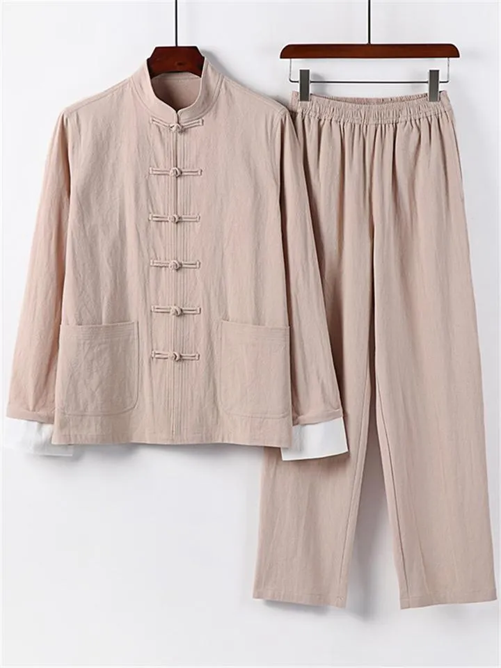 Relaxed Fit 2-Piece Outfit Retro Button Collar Shirt   Elastic Waistband Full-Length Pants