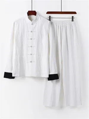 Relaxed Fit 2-Piece Outfit Retro Button Collar Shirt   Elastic Waistband Full-Length Pants