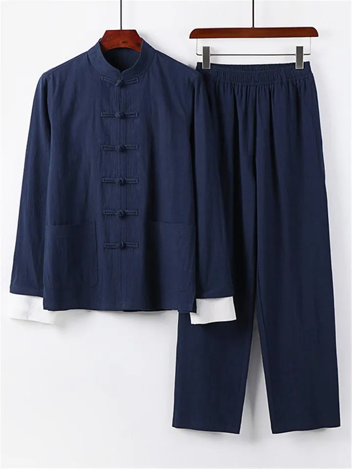 Relaxed Fit 2-Piece Outfit Retro Button Collar Shirt   Elastic Waistband Full-Length Pants