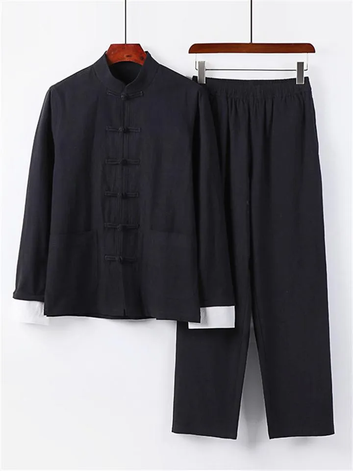 Relaxed Fit 2-Piece Outfit Retro Button Collar Shirt   Elastic Waistband Full-Length Pants