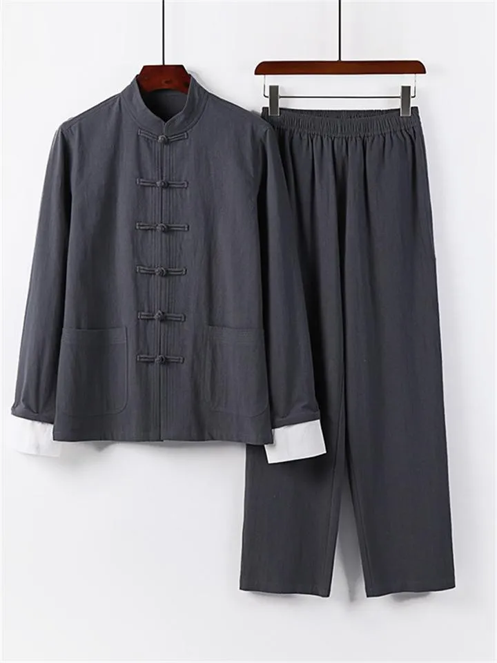 Relaxed Fit 2-Piece Outfit Retro Button Collar Shirt   Elastic Waistband Full-Length Pants