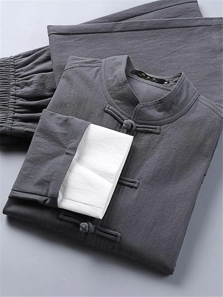 Relaxed Fit 2-Piece Outfit Retro Button Collar Shirt   Elastic Waistband Full-Length Pants