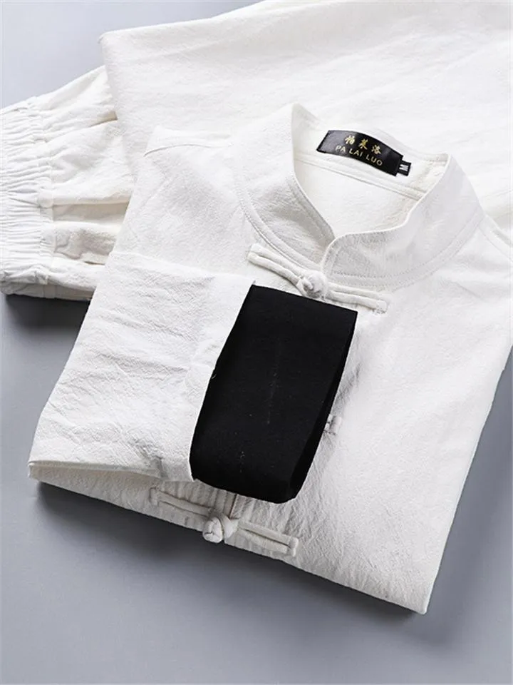 Relaxed Fit 2-Piece Outfit Retro Button Collar Shirt   Elastic Waistband Full-Length Pants