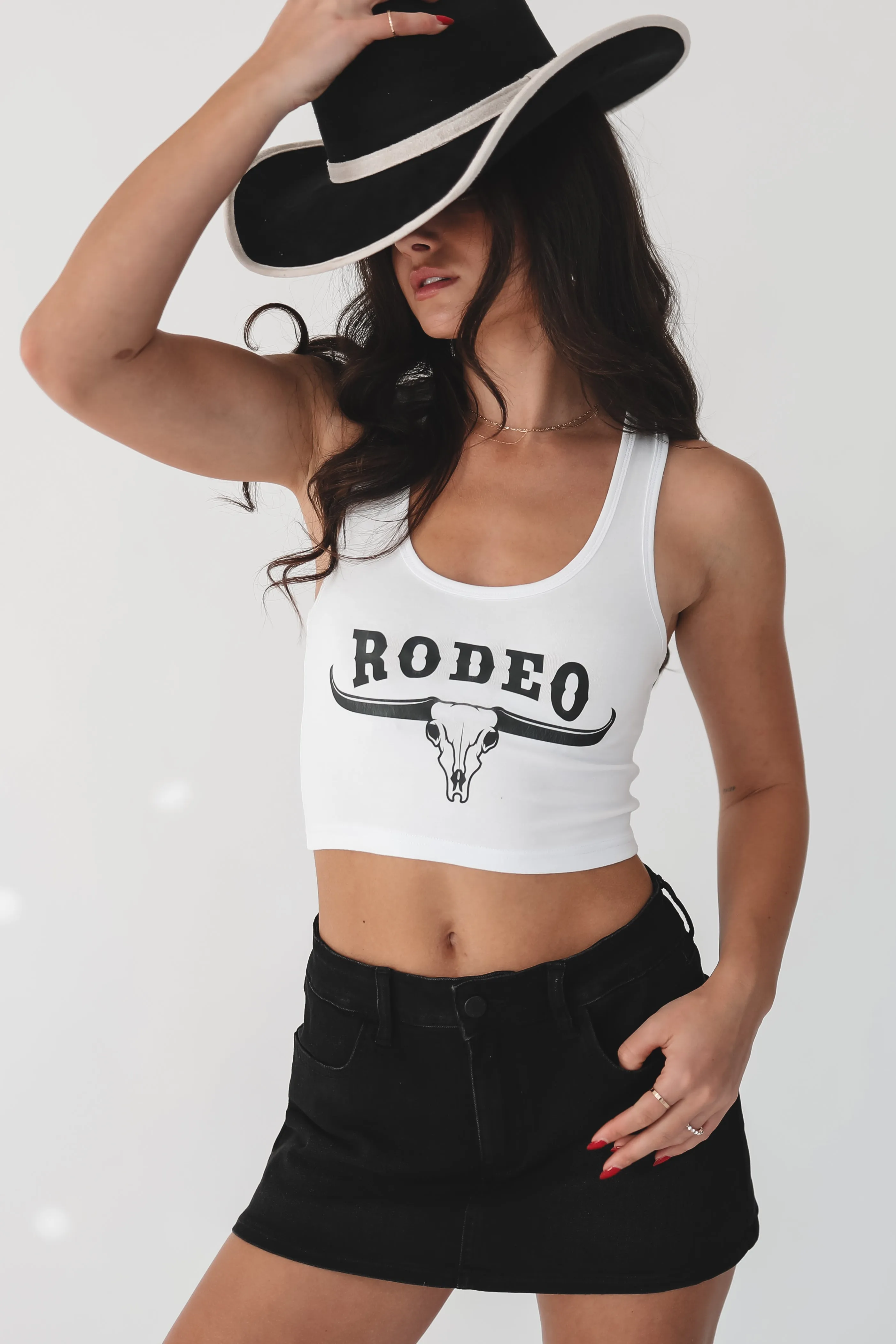 Rodeo White Western Graphic Cropped Fitted Tank