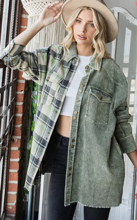 Sage Corduroy Plaid Shacket