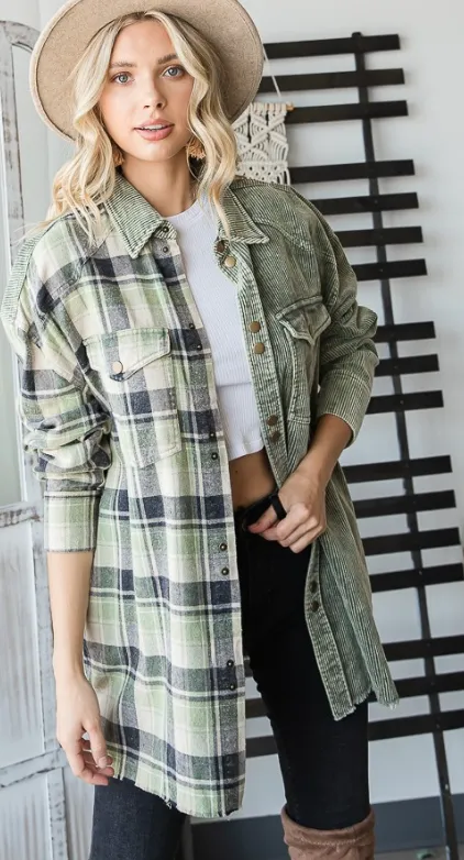 Sage Corduroy Plaid Shacket