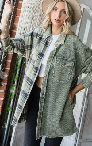 Sage Corduroy Plaid Shacket
