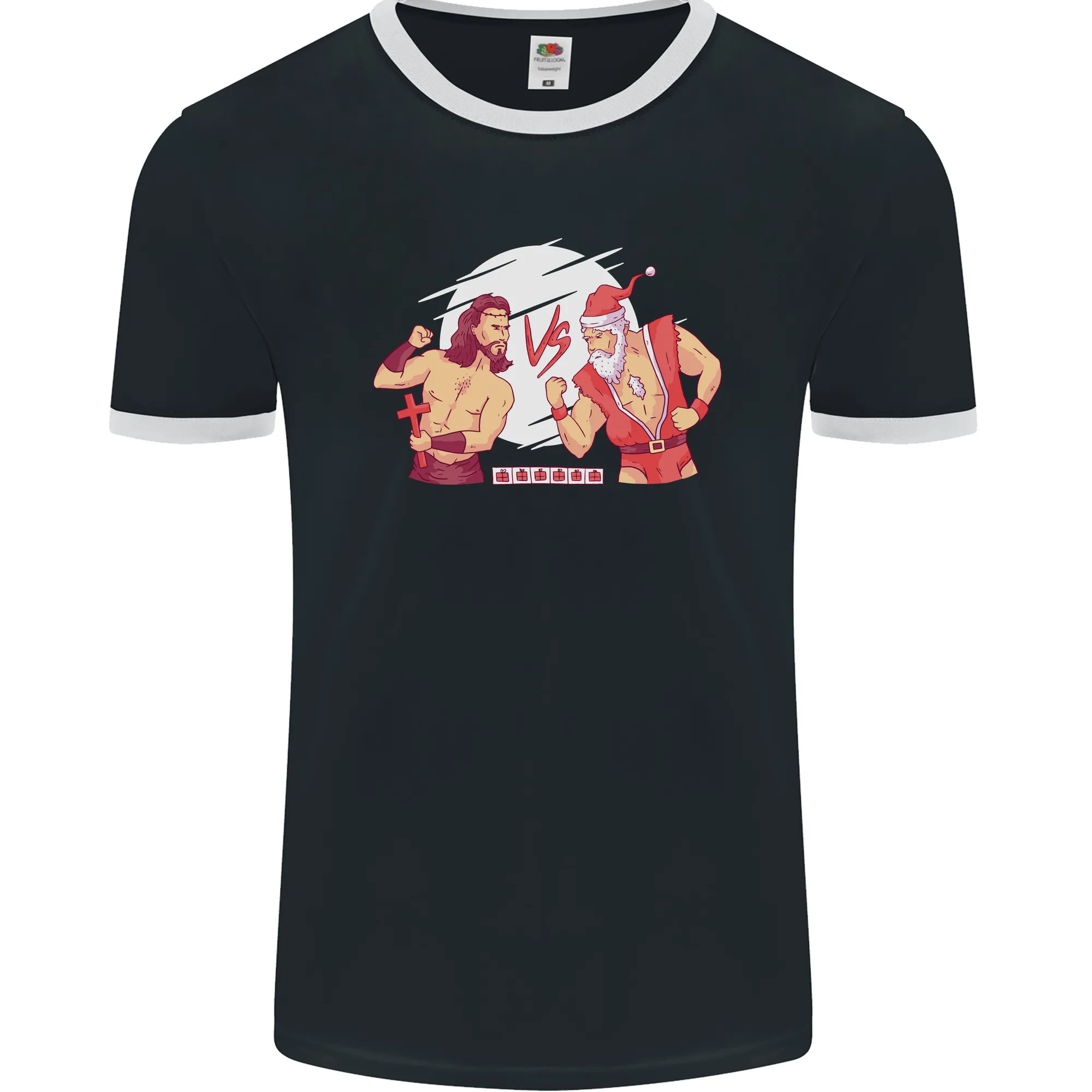 Santa v Jesus Video Game Style Christmas Xmas Mens Ringer T-Shirt FotL