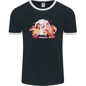 Santa v Jesus Video Game Style Christmas Xmas Mens Ringer T-Shirt FotL