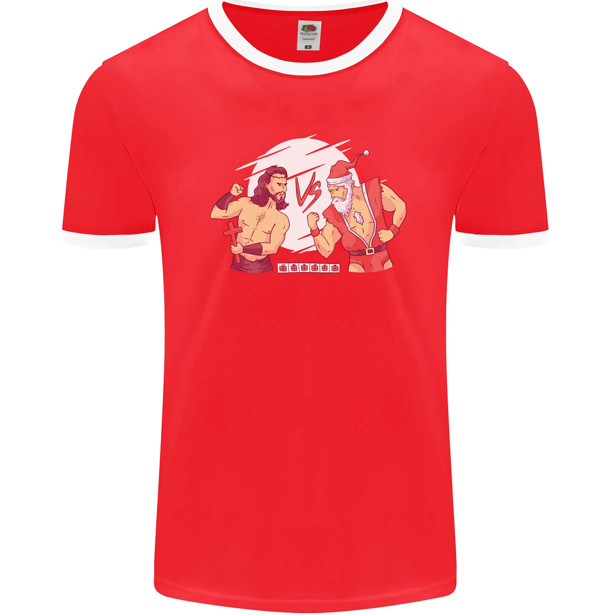 Santa v Jesus Video Game Style Christmas Xmas Mens Ringer T-Shirt FotL