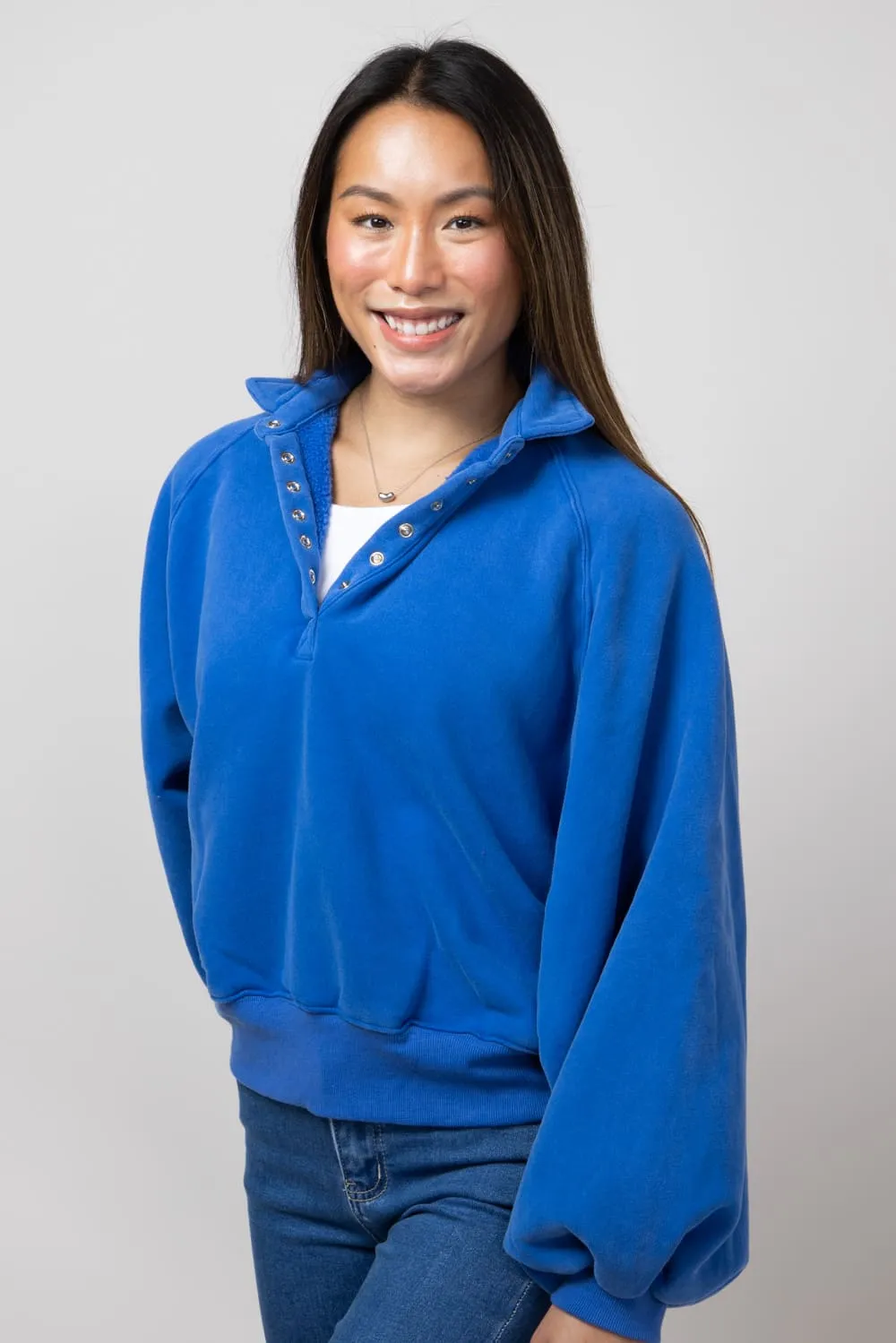 Snap Button Collared Fleece for Women in Cobalt | PT16060-COBALT