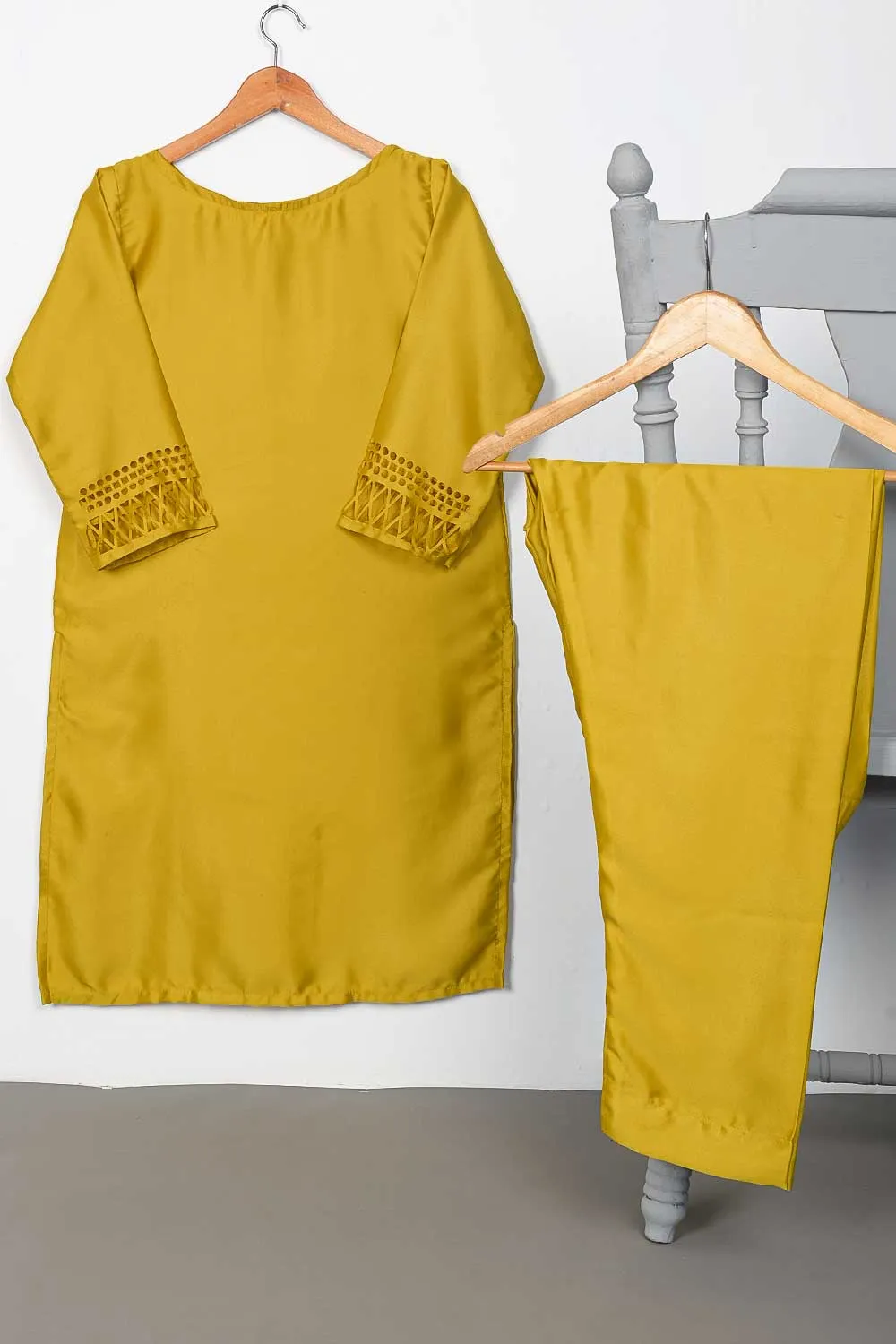 STP-074A-Yellow - 2Pc Silk Laser Cutwork With Silk Trouser