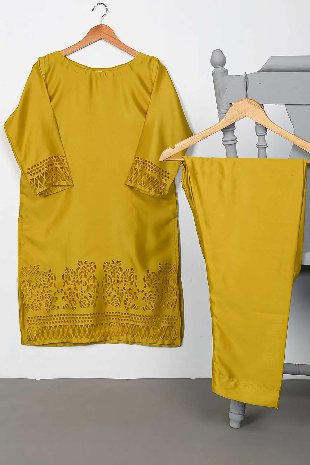 STP-074A-Yellow - 2Pc Silk Laser Cutwork With Silk Trouser
