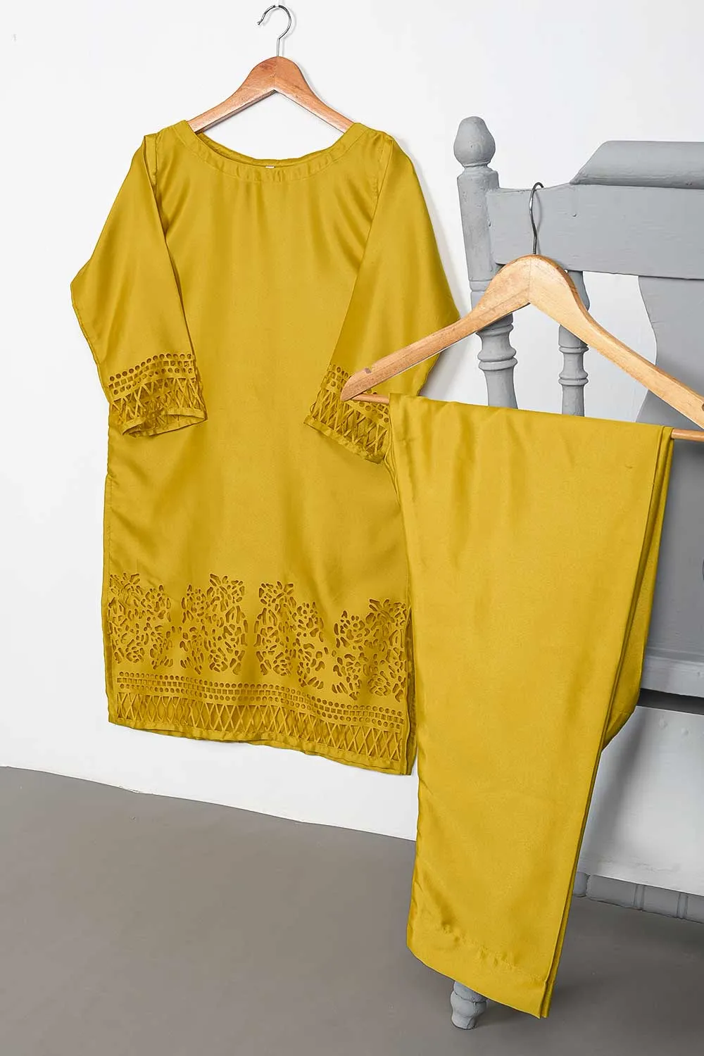 STP-074A-Yellow - 2Pc Silk Laser Cutwork With Silk Trouser