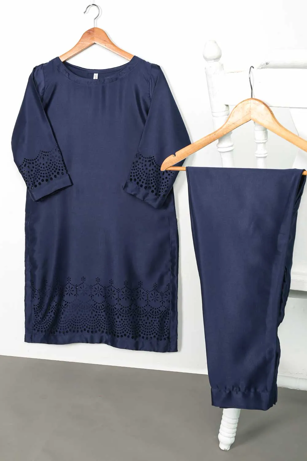 STP-096B-NavyBlue - 2Pc Silk Laser Cutwork With Silk Trouser
