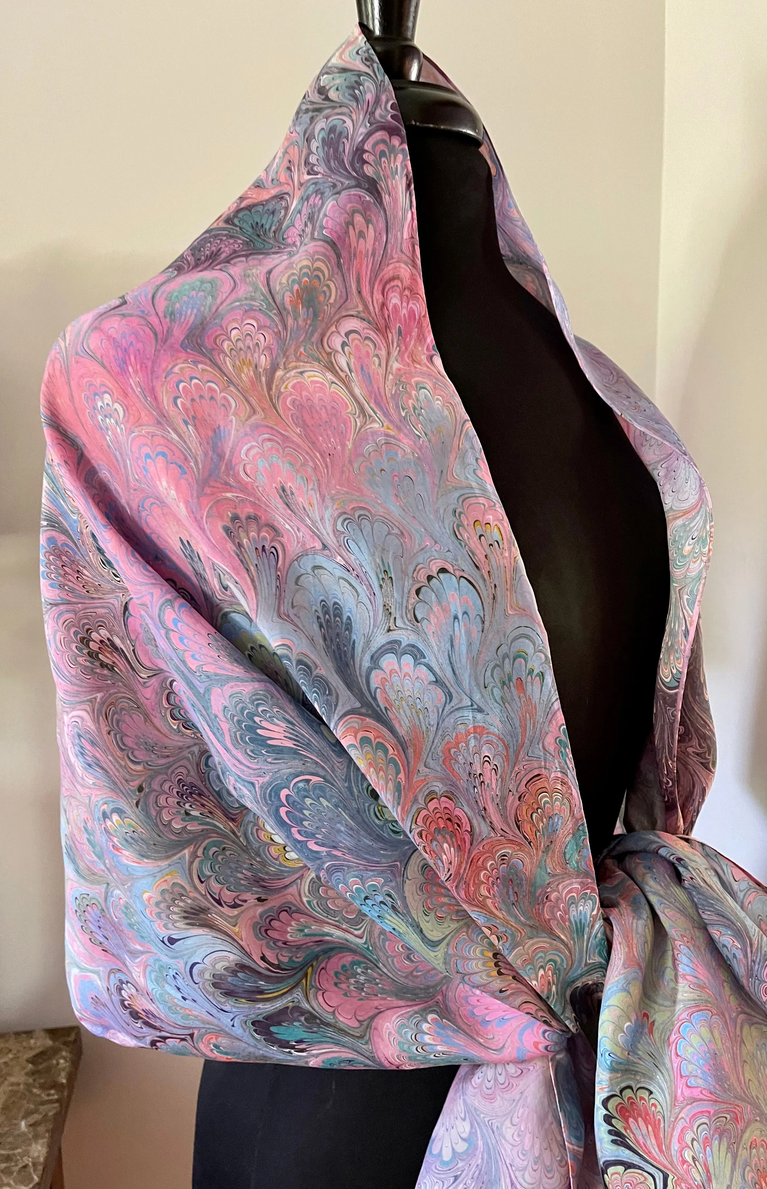 Summer Bouquet  Shawl 72x22” Water marbled silk