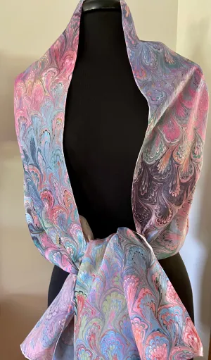 Summer Bouquet  Shawl 72x22” Water marbled silk