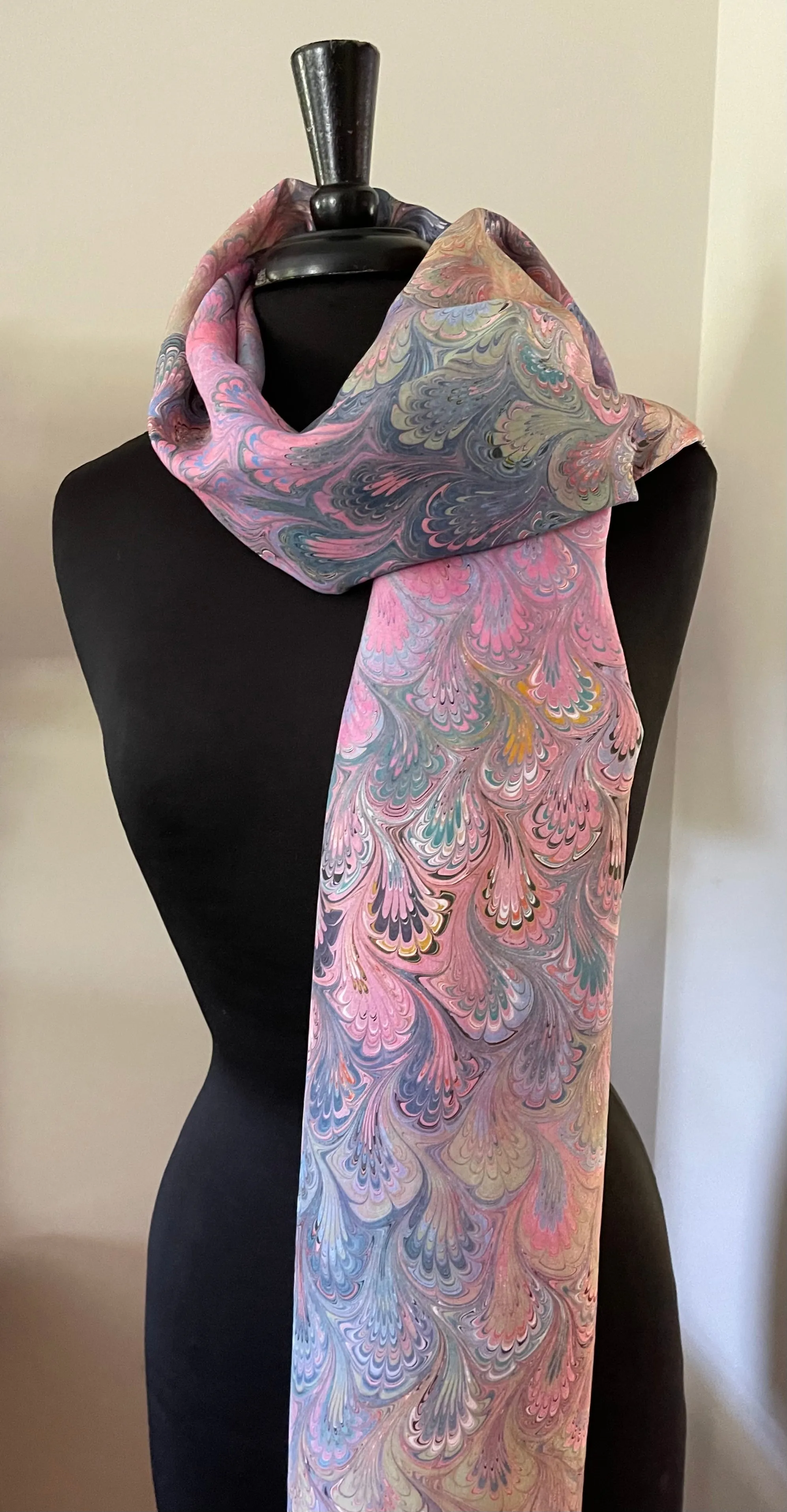 Summer Bouquet  Shawl 72x22” Water marbled silk