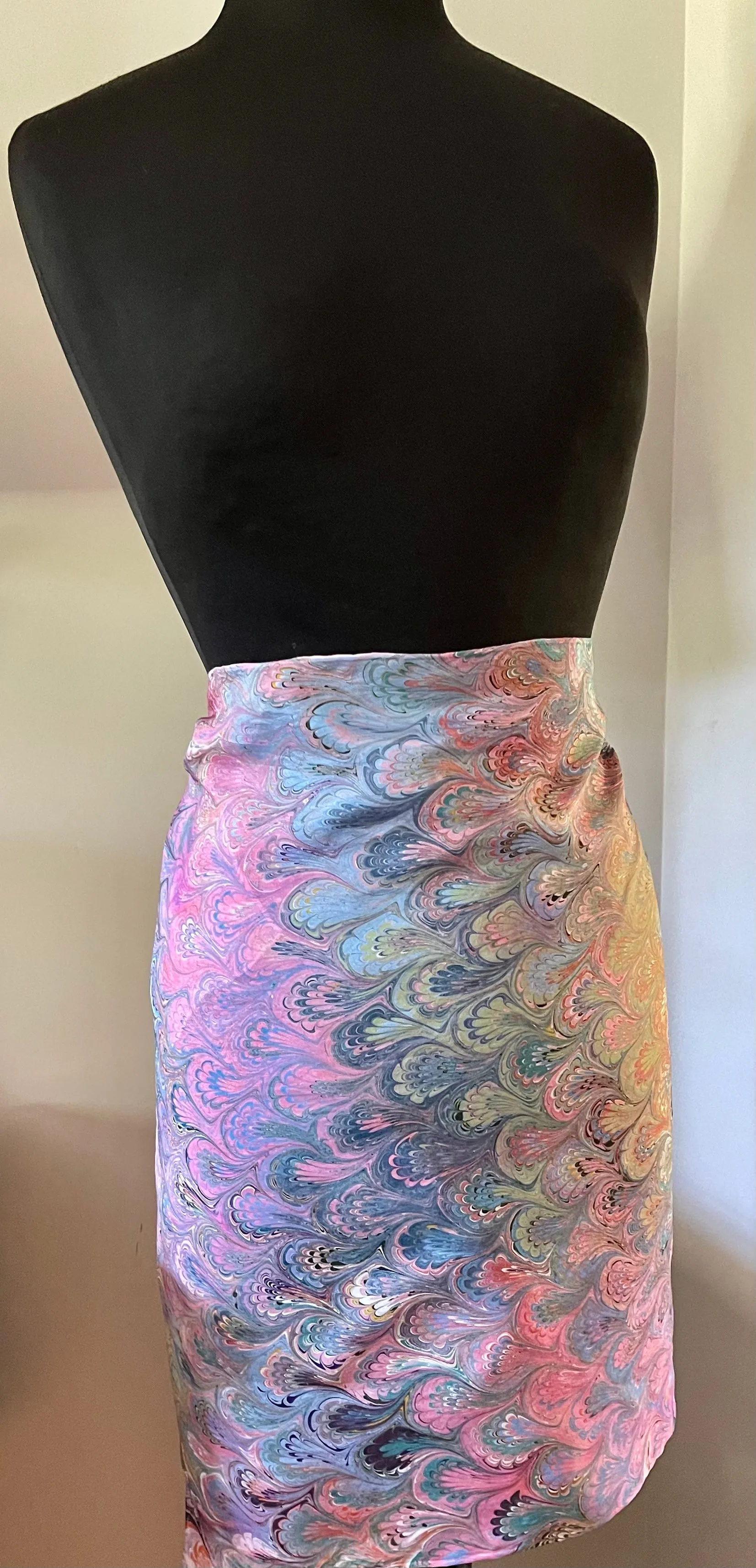 Summer Bouquet  Shawl 72x22” Water marbled silk