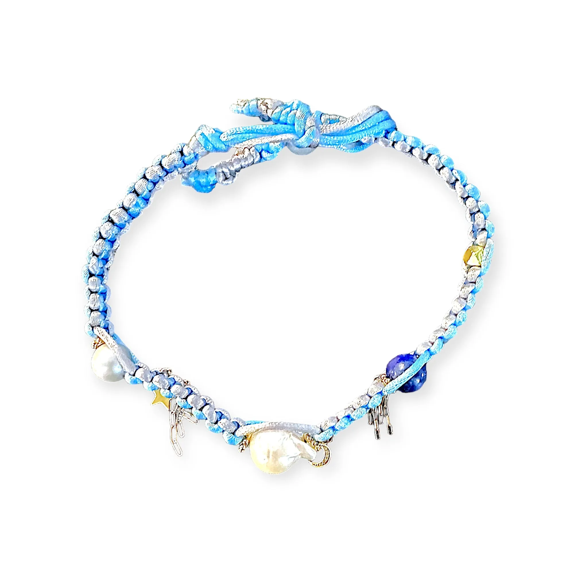 Summer Dream Sky Baroque Pearl Lucky Charm Gold Chain Rocker Silk Choker