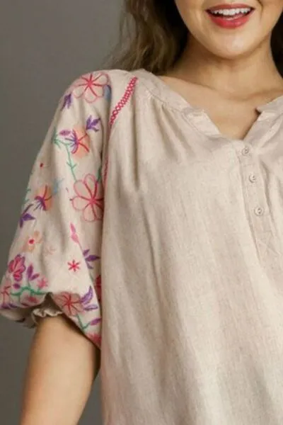 Tan Half Button Top with Embroidery Sleeves
