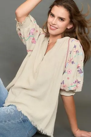 Tan Half Button Top with Embroidery Sleeves