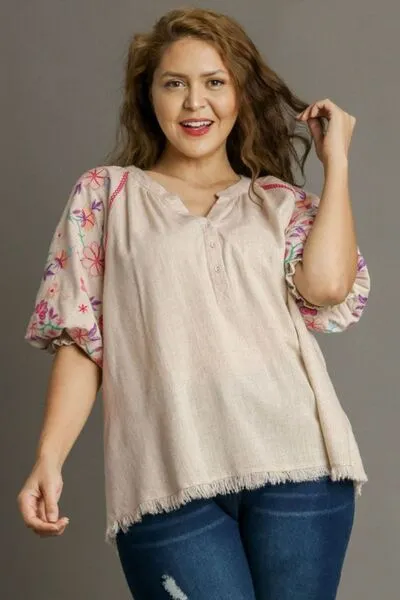 Tan Half Button Top with Embroidery Sleeves