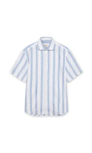 TONAL GEOMETRIC EMBROIDERED SHORT SLEEVE LINEN SHIRT - FULL WHITE