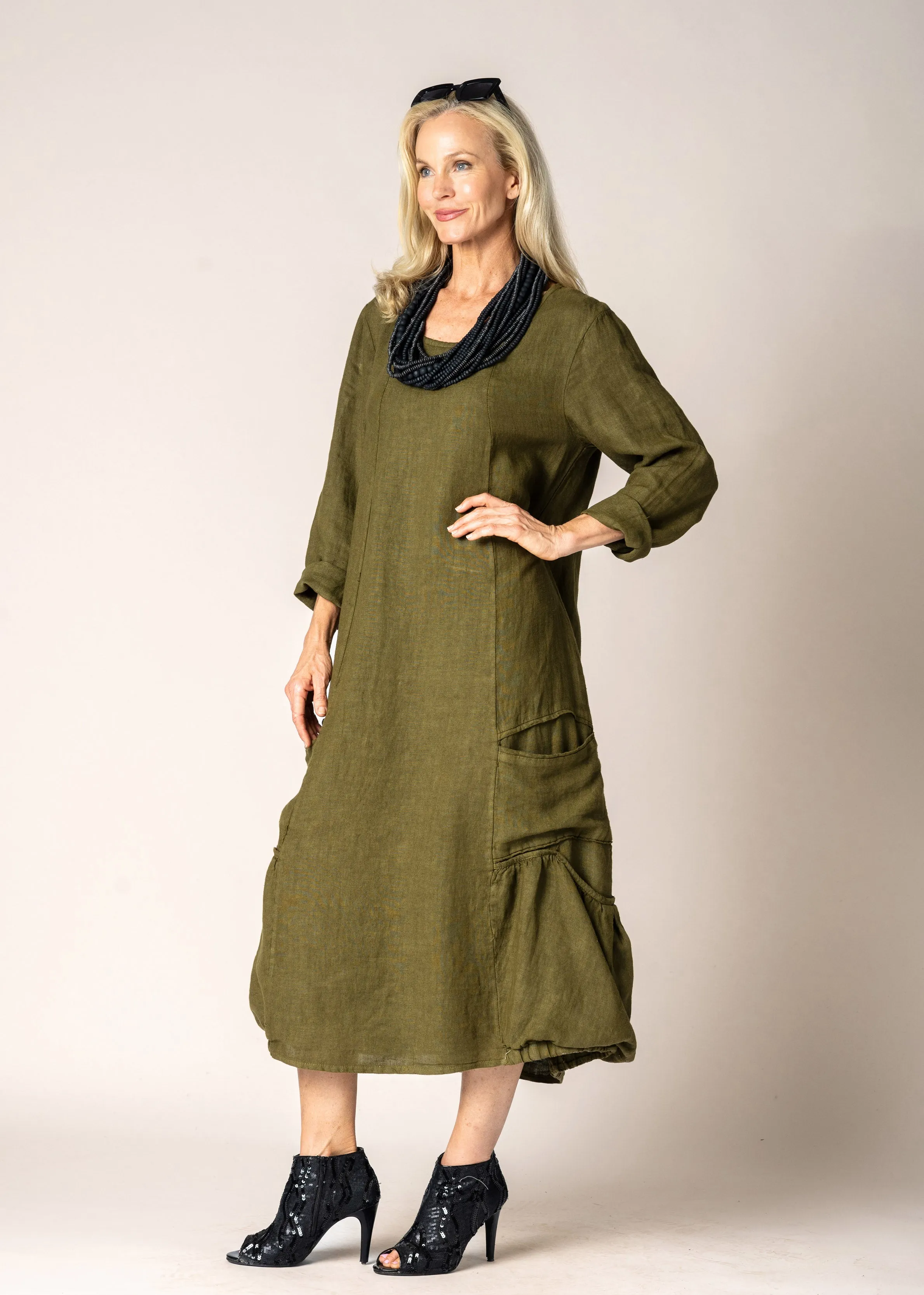 Torina Linen Dress in Green Olive
