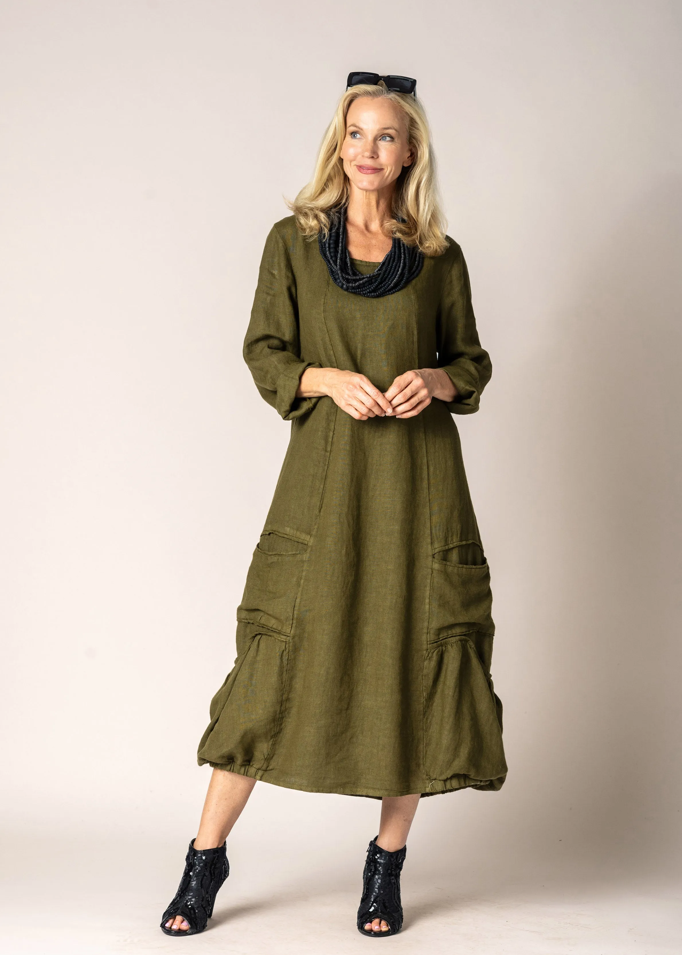 Torina Linen Dress in Green Olive