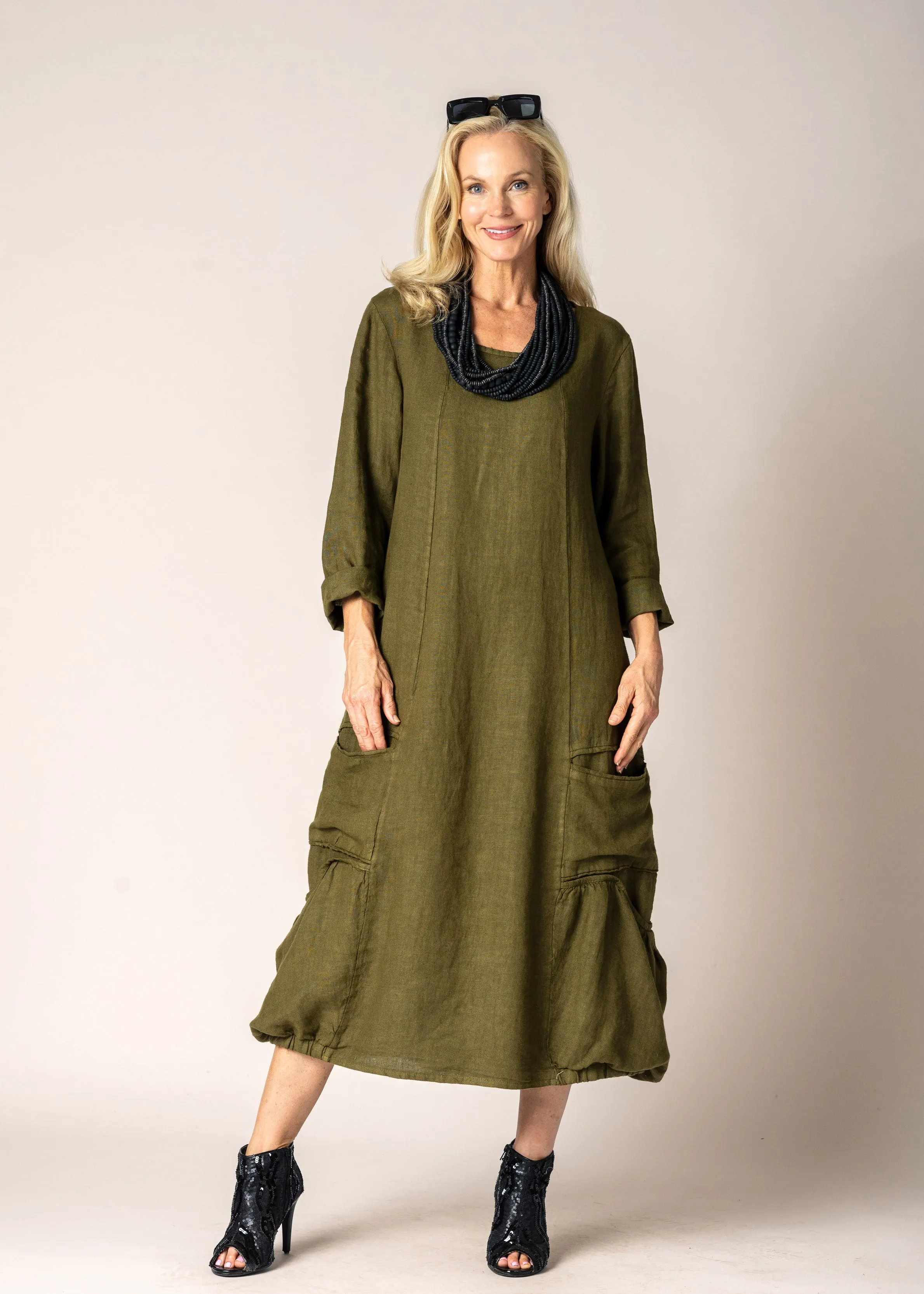 Torina Linen Dress in Green Olive