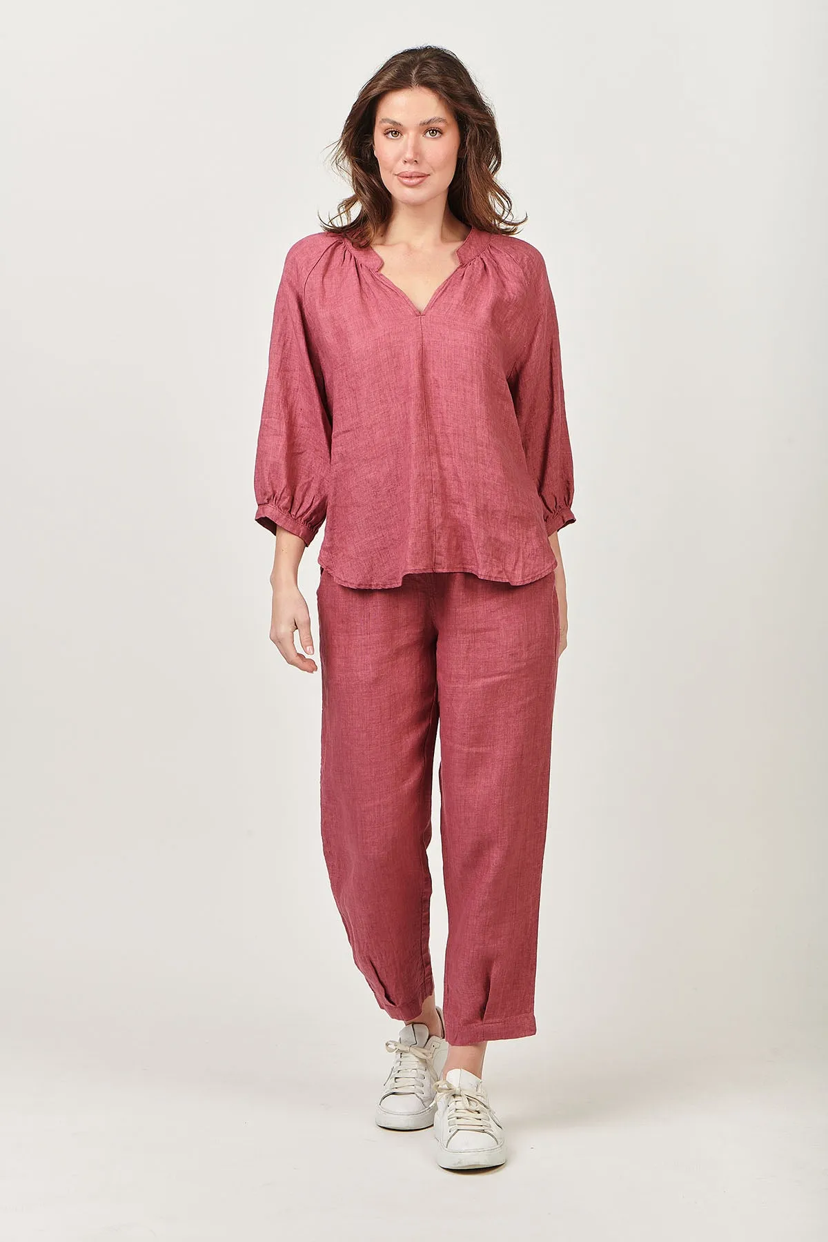 Trudy V-Neck Linen Top - Rhubarb - OJ24