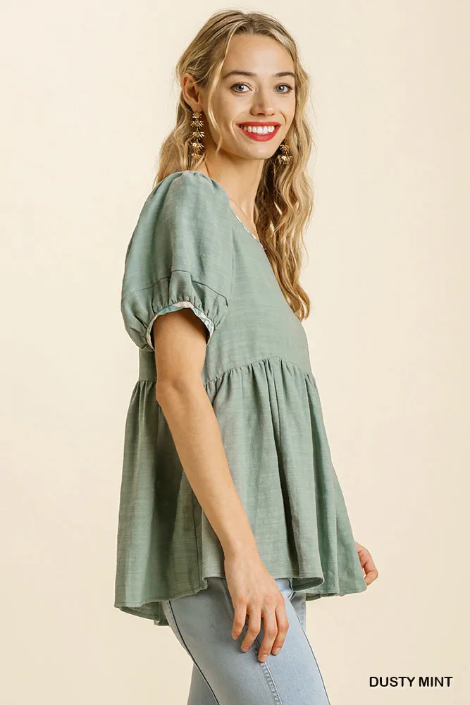 TSS  Linen Blend Round Neck Short Puff Sleeve (Dusty Mint)”