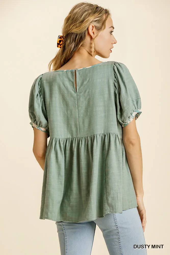 TSS  Linen Blend Round Neck Short Puff Sleeve (Dusty Mint)”