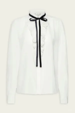 Velvet Tie Ruffle Blouse in Cream