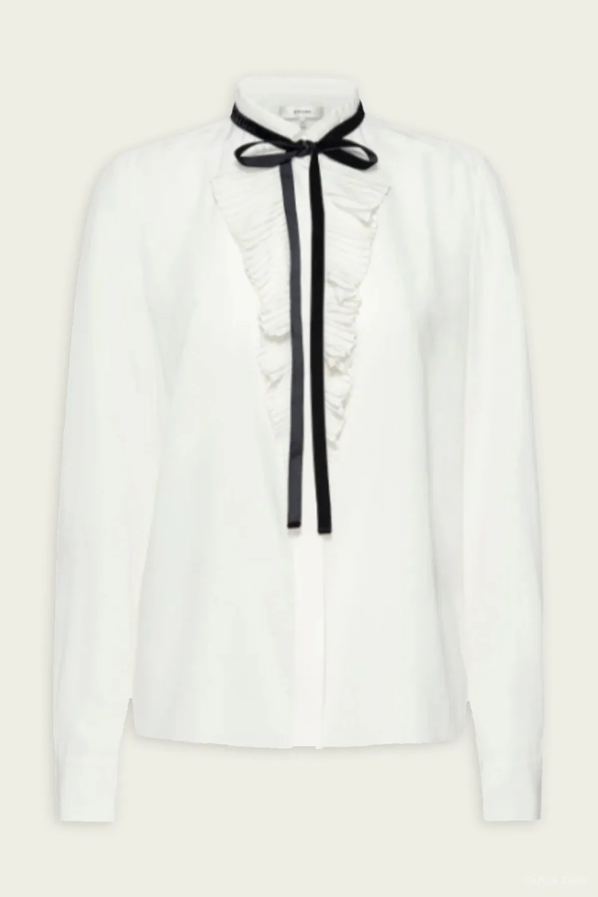 Velvet Tie Ruffle Blouse in Cream