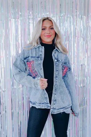 Venue Worthy Sequin Patch Pocket Denim Jacket - Slightly Imperfect
