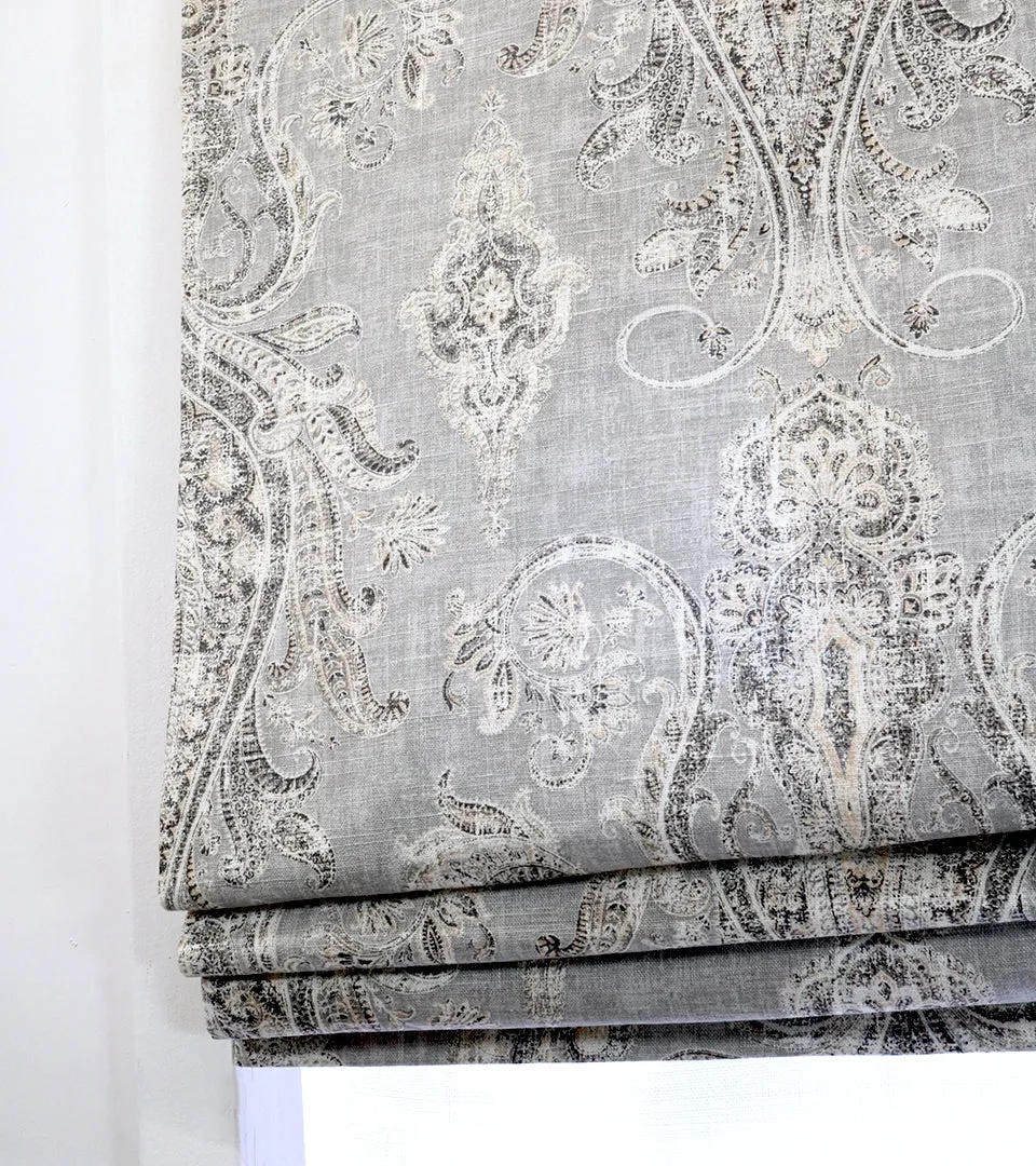 Vintage Damask Grey Linen Custom Flat Relaxed Roman Shade