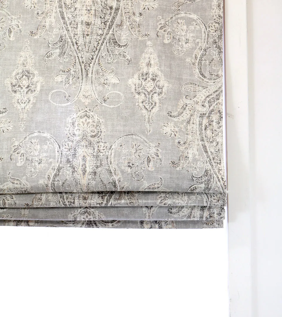 Vintage Damask Grey Linen Custom Flat Relaxed Roman Shade