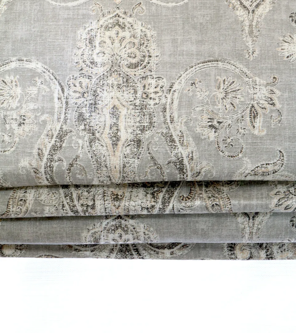 Vintage Damask Grey Linen Custom Flat Relaxed Roman Shade