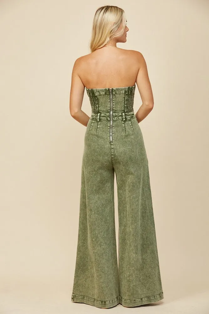 Vintage Olive Strapless Wide Leg Denim Jumpsuit