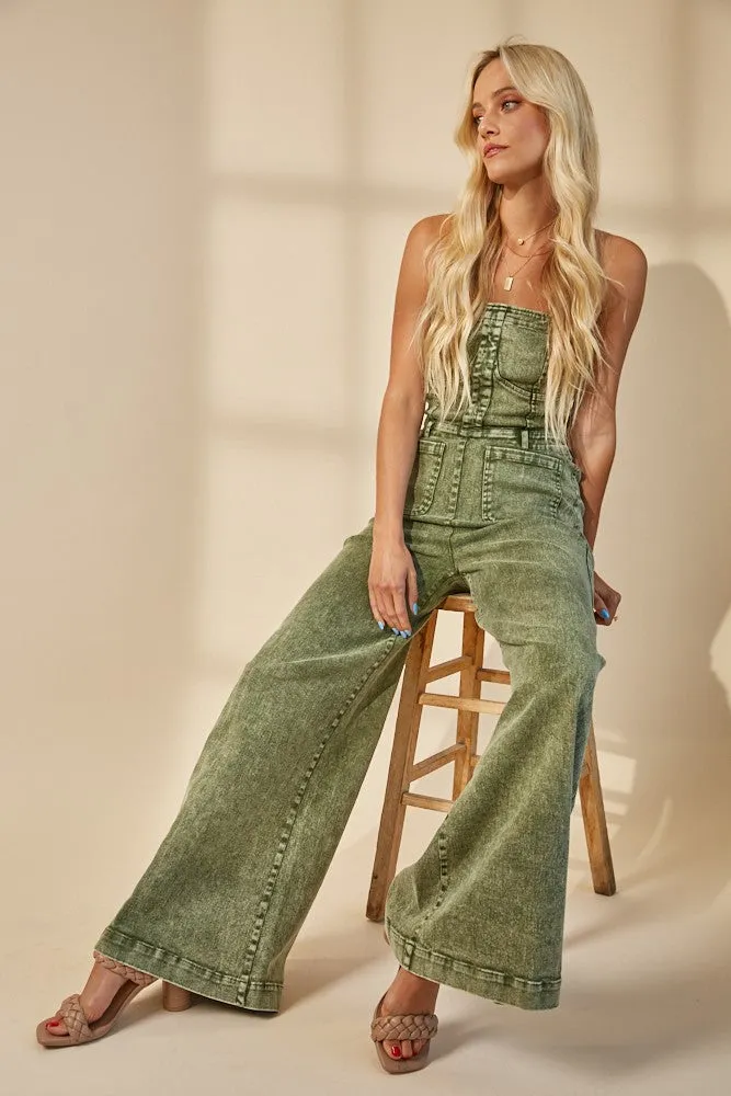 Vintage Olive Strapless Wide Leg Denim Jumpsuit