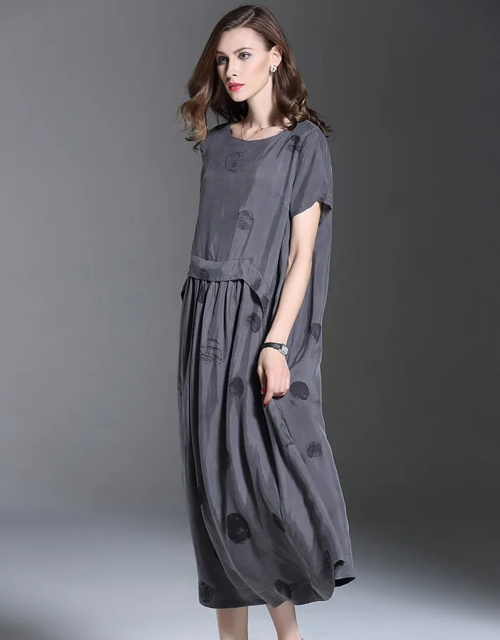 Vintage Summer Short Sleeve Large Sewing Copper Silk Dress Women Grey Black Polka Dot Long Dress Elegant roupas feminina