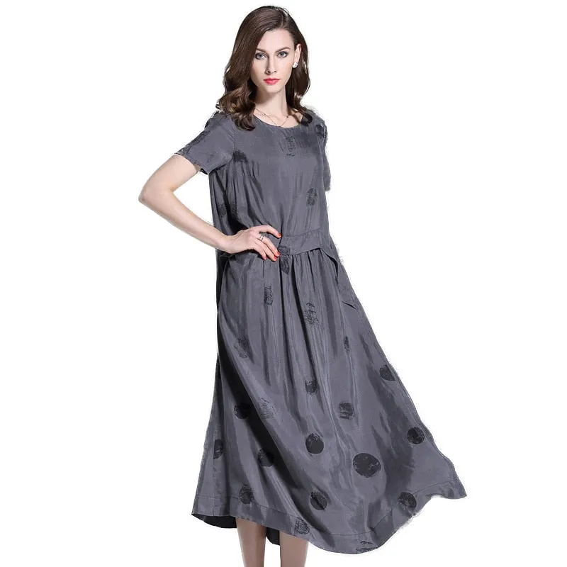 Vintage Summer Short Sleeve Large Sewing Copper Silk Dress Women Grey Black Polka Dot Long Dress Elegant roupas feminina