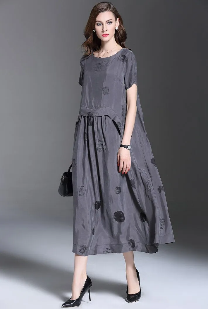 Vintage Summer Short Sleeve Large Sewing Copper Silk Dress Women Grey Black Polka Dot Long Dress Elegant roupas feminina