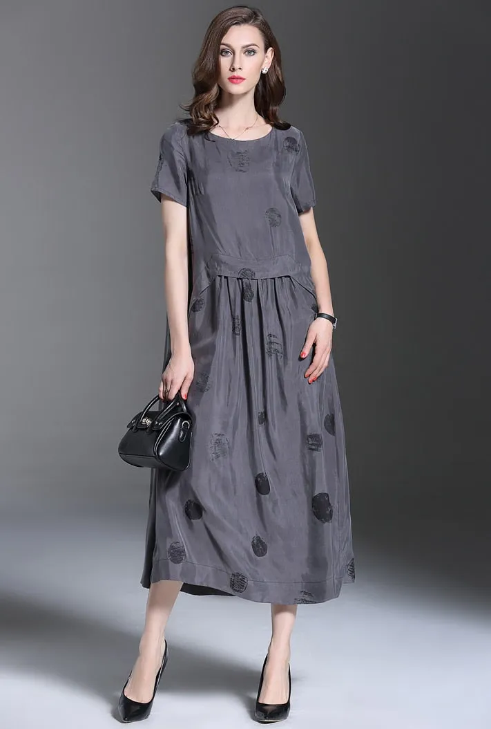 Vintage Summer Short Sleeve Large Sewing Copper Silk Dress Women Grey Black Polka Dot Long Dress Elegant roupas feminina