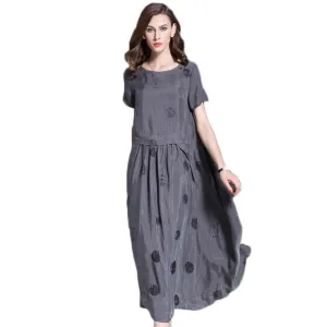 Vintage Summer Short Sleeve Large Sewing Copper Silk Dress Women Grey Black Polka Dot Long Dress Elegant roupas feminina